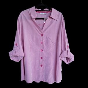 Cato 3X Pink Gingham Plaid Button Up Top Shirt Roll Tab Sleeve Plus NWT Festival